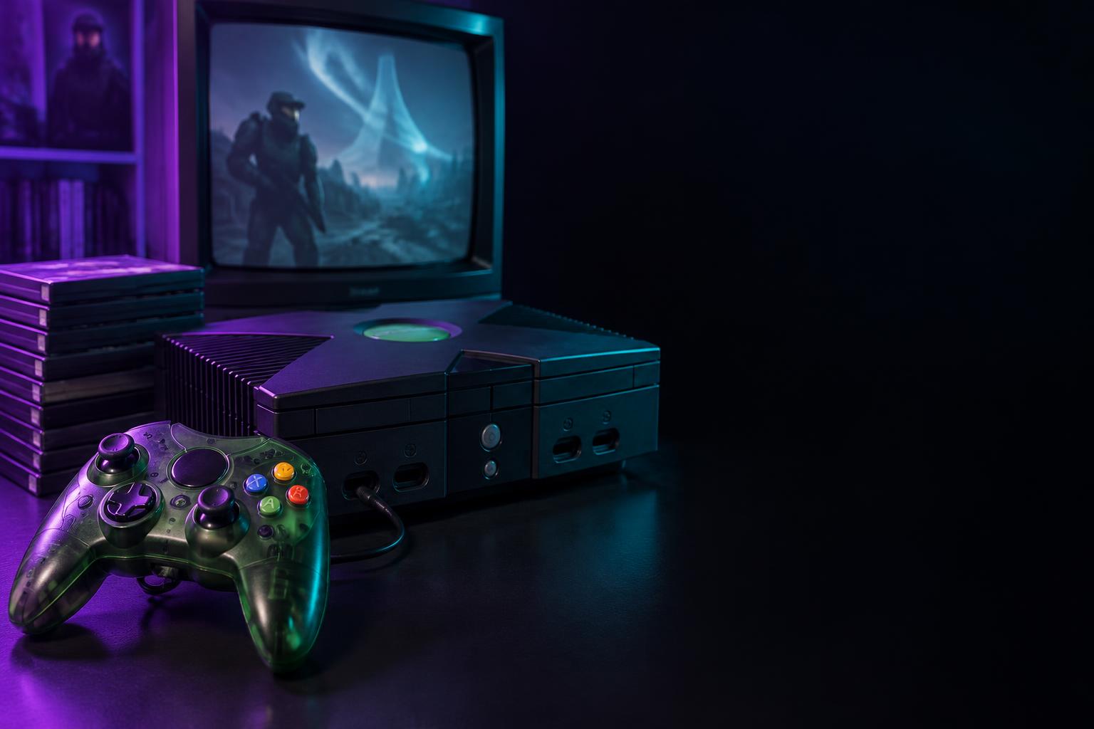 Original Xbox and controller in the retro game vault